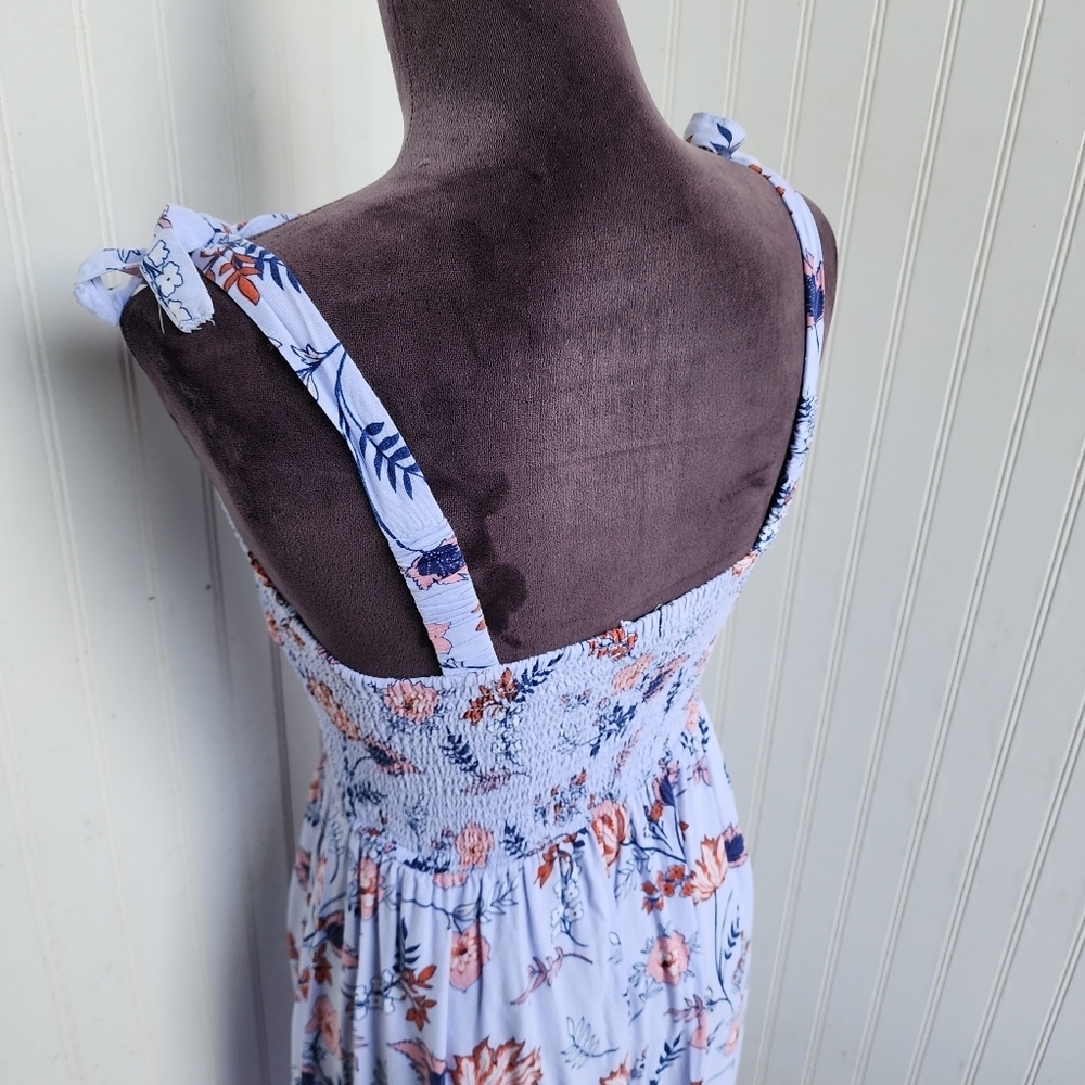 Japna Dress Womens Lilac Blue Floral Long Maxi Smocked Tie Straps Rayon Sz S - Picture 7 of 12